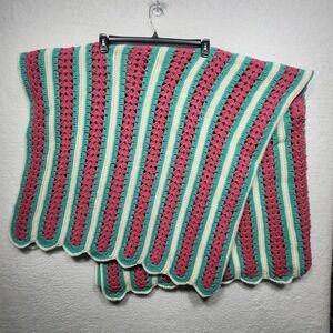 Handmade Crochet Blanket Scalloped Stripe Floral Pattern